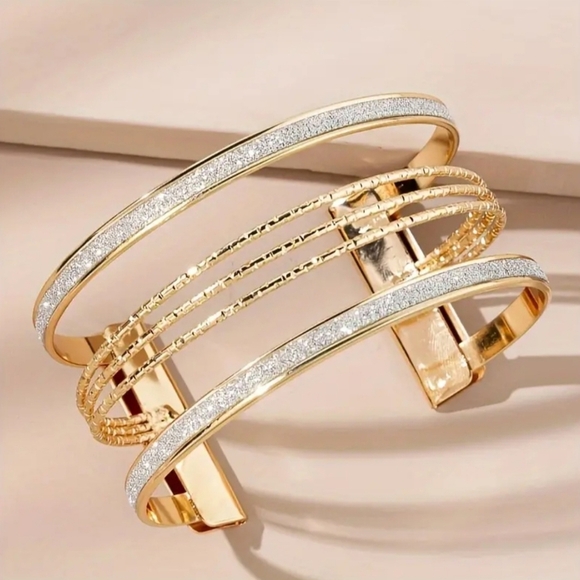 Open Clasp Bangle Bracelet Gold Silver Inlay NEW - Picture 1 of 4